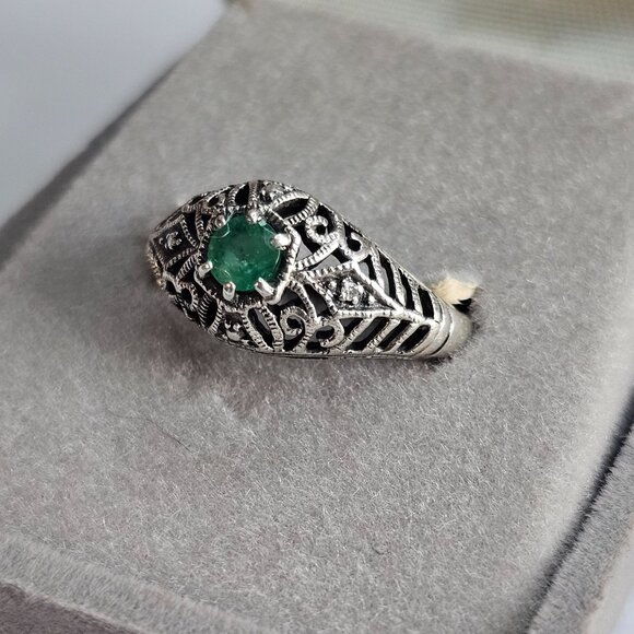 Antique-Style 925 Filigree Sz 7 Ring Emerald Green Stone Intricate Tiny Diamond - Picture 7 of 9